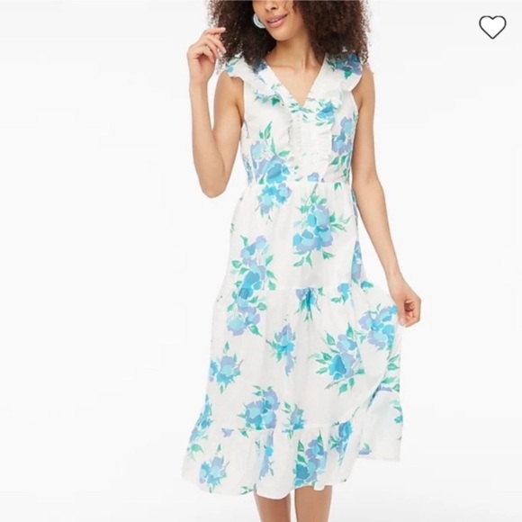 J. Crew Factory Printed V-neck smocked midi dress size 6 white blue pockets - Picture 1 of 15